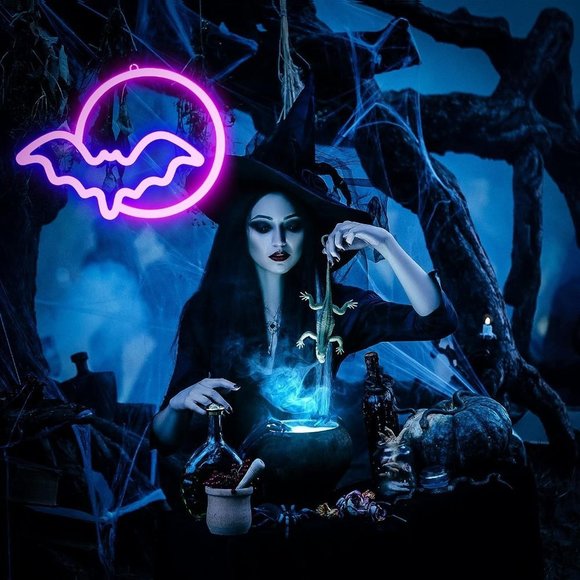 Spooky Bat Full Moon Purple Neon Light Halloween Costume Party Fall Decor LED - Picture 3 of 6